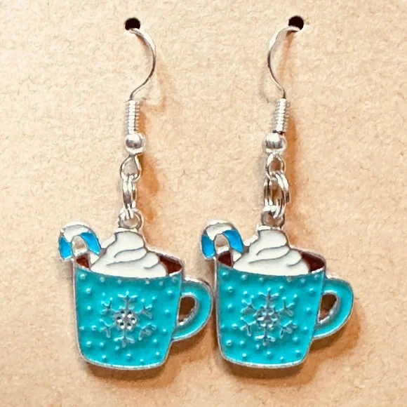 Stainless Steel Earring Hooks Dangle Teal Cocoa Cream Mug Silver Design Handmade - Picture 1 of 7